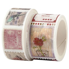 Zestaw samoprzylepnych taśm Washi / kwiaty i znaczki pocztowe