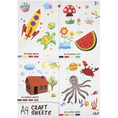 MOXY Zestaw arkuszy do rękodzieła A4 - 16 sztuk pianki, filcu, brokatu i zadrukowanego papieru