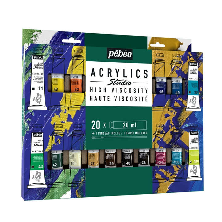 Pebeo Studio Farby akrylowe o wysokiej lepkości z pędzelkiem 20x20 ml
