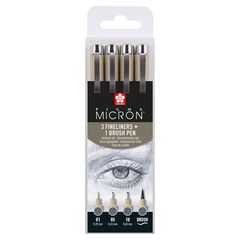 Zestaw długopisów technicznych Sakura Pigma Micron 3 fineliners a brush pen | ciemnoszare odcienie